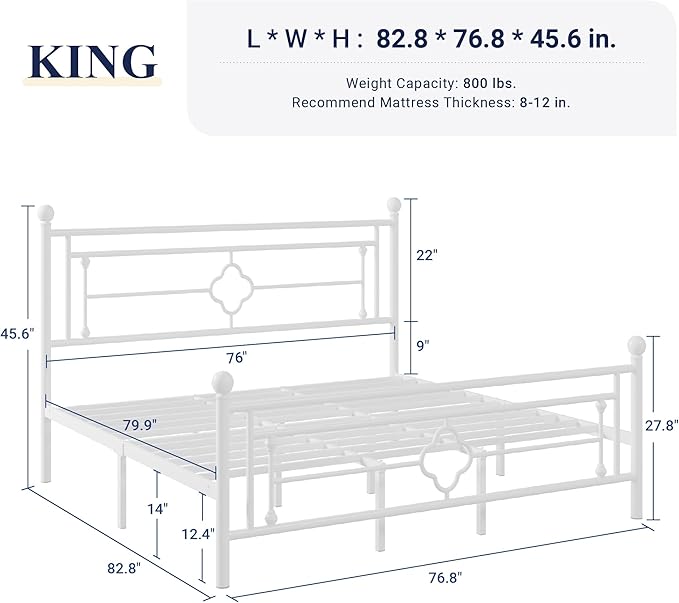 Allewie King Size Metal Platform Bed Frame with Victorian Vintage Headboard and Footboard/Mattress Foundation/Under Bed Storage/No Box Spring Needed/Noise-Free/Easy Assembly, White - LeafyLoom