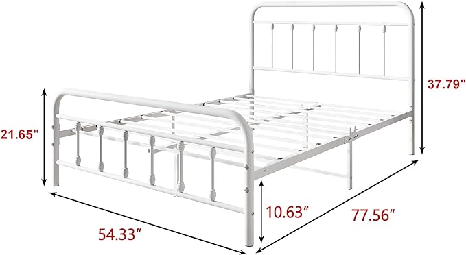 Vintage Full Size Bed Frame with Headboard and Footboard Mattress Heavy Duty Metal Platform Bed Frame Steel Slat Support (Full, White) - LeafyLoom