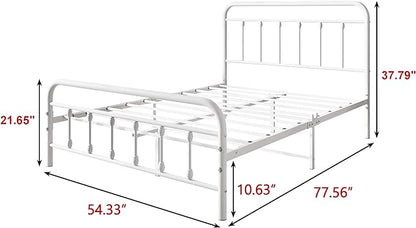 Vintage Full Size Bed Frame with Headboard and Footboard Mattress Heavy Duty Metal Platform Bed Frame Steel Slat Support (Full, White) - LeafyLoom