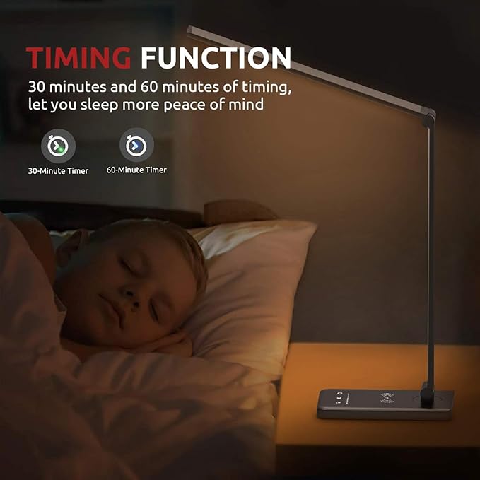 LED Desk Lamp with Wireless Charger, USB Charging Port, 10 Brightness, 5 Color Modes, Desk Lamps for Home Office, Dimmable Table Lamp Eye Caring Reading Light, Touch Control, Auto Timer, Black - LeafyLoom