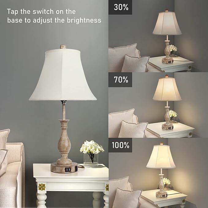 Farmhouse Table Lamp Touch Control 3-Way Dimmable Table Lamp, Modern Nightstand Lamp with 2 USB Port Bedside Desk Lamp with Fabric Shade for Living Room Bedroom Hotel (Pack-02) - LeafyLoom