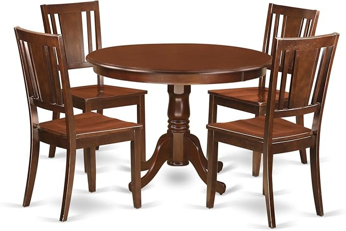 East West Furniture HLDU5-MAH-W 5 Piece Dining Set Includes a Round Dining Room Table with Pedestal and 4 Kitchen Chairs, 42x42 Inch, Mahogany - LeafyLoom