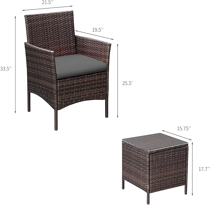 Greesum 3 Pieces Patio Furniture Sets Outdoor PE Rattan Wicker Chairs with Soft Cushion and Glass Coffee Table for Garden Backyard Porch Poolside, Brown and Gray - LeafyLoom