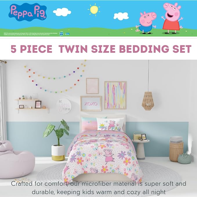 Franco Peppa Pig Kids Bedding Super Soft Comforter and Sheet Set with Sham, 5 Piece Twin Size, (Officially Licensed Product) - LeafyLoom