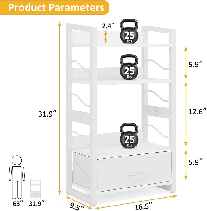 Small Bookshelf with Drawer - 4-Tier Wood Book Shelf Industrial Narrow Bookcase Storage Organizer Metal Stackable Shelves for Desktop Bedroom Living Room Home Office (White) - LeafyLoom