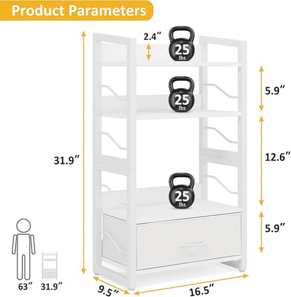 Small Bookshelf with Drawer - 4-Tier Wood Book Shelf Industrial Narrow Bookcase Storage Organizer Metal Stackable Shelves for Desktop Bedroom Living Room Home Office (White) - LeafyLoom