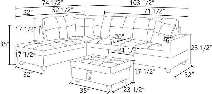 L Shaped Sofa with Ottoman Modern Sectional Living Room, Bedroom, Office, L Couch Leather-Brown - LeafyLoom