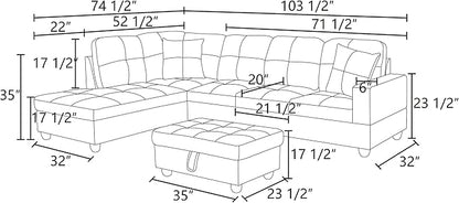 L Shaped Sofa with Ottoman Modern Sectional Living Room, Bedroom, Office, L Couch Leather-Brown - LeafyLoom