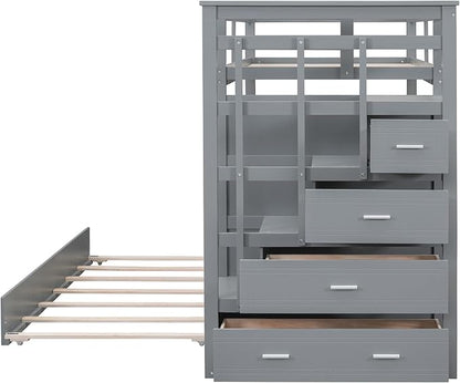 Twin Over Twin Bunk Bed with Stairs, 4 Storage Drawers and Trundle, Wooden Bunkbeds with Staircase and Full-Length Guardrails, for Kids/Teens Bedroom, Gray - LeafyLoom