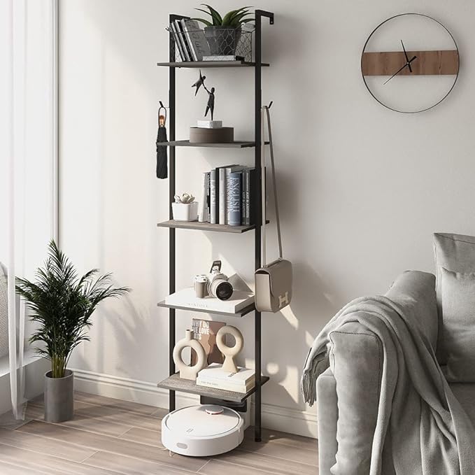 Retro Bookshelf Wall Mounted 5-Tiers Ladder Shelf Dark Grey Narrow Thin Bookshelf Farm House Open Display Storage Rack for Living Room Bedroom Home Office - LeafyLoom