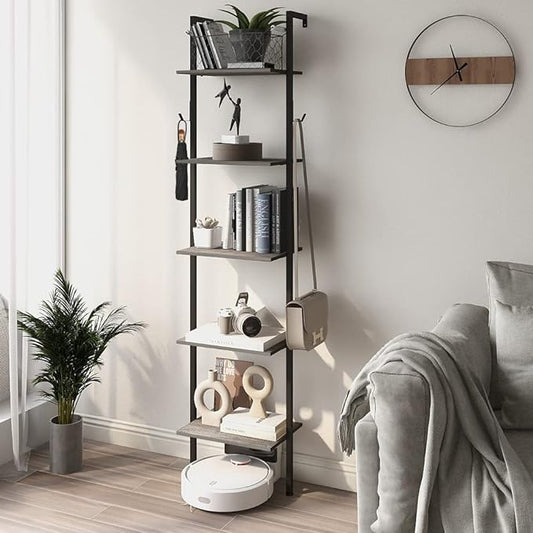 Retro Bookshelf Wall Mounted 5-Tiers Ladder Shelf Dark Grey Narrow Thin Bookshelf Farm House Open Display Storage Rack for Living Room Bedroom Home Office - LeafyLoom