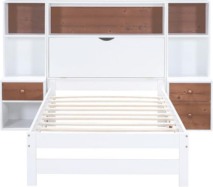 Merax Wood Bed Frame with Storage Headboard and Drawers, Twin Size Platform Bed with Nightstands, No Box Spring Needed White - LeafyLoom