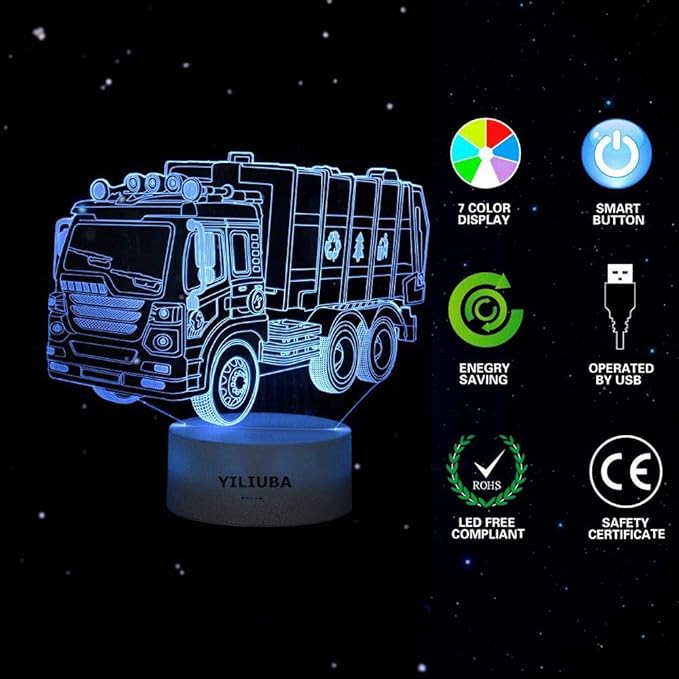 Garbage Truck Car Gift Night Lights for Kids 3D Lamp LED Desk Lamps for Boys Decor Bedroom Room USB plugs 7 Color Gradual Changing Truck Light or Birthday Xmas Party Festival Decor Children Gifts - LeafyLoom