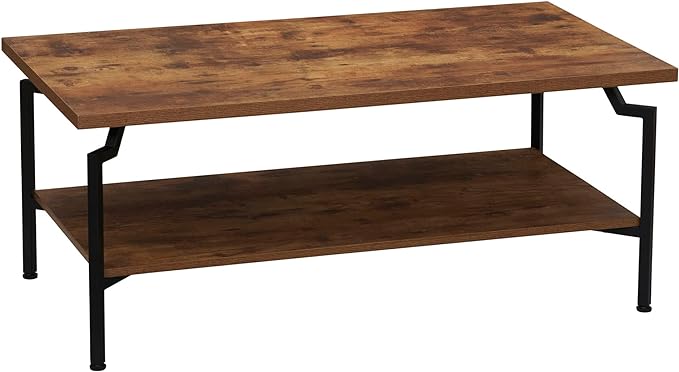 Household Essentials Crown Rectangular Coffee Table with Storage Shelf Rustic Hickory Wood Grain and Black Metal - LeafyLoom