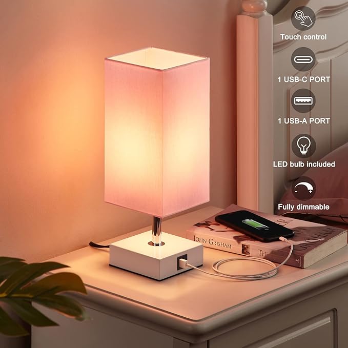 Ambimall Touch Control Table Lamp with 2 USB Charging Ports, 3 Way Touch Lamps Beside Desk, Nightstand Lamp for Bedrooms Living Room, Pink Shade with White Base, LED Bulb Included(Pink) - LeafyLoom