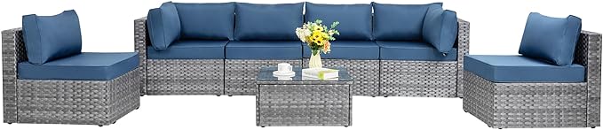 Shintenchi 7 Pieces Outdoor Patio Sectional Sofa Couch, Silver Gray PE Wicker Furniture Conversation Sets with Washable Cushions & Glass Coffee Table for Garden, Poolside, Backyard (Aegean Blue) - LeafyLoom