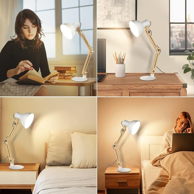 DINGLILIGHTING DLLT Swing Arm Desk Lamp, Wood Adjustable Gooseneck Table Lamp, Modern Architect Desk Light, Reading Light for Work, Study, Bedroom, Home Office, White Metal Shade, E26 Bulb Included - LeafyLoom