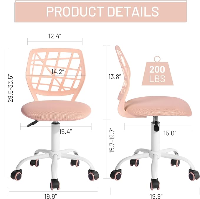 FurnitureR Kids Desk Chair, Small Office Chair Armless Adjsutable Swivel Task Chair with Soft Cushion for Study Kids Teens Child, Orange Rose - LeafyLoom