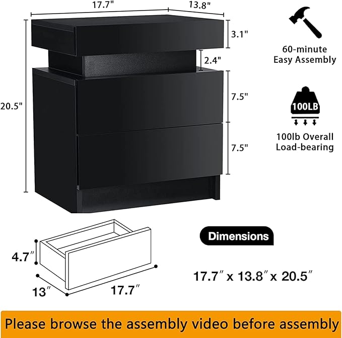 HOMMPA LED Nightstand Black Nightstand with Led Lights Modern Night Stand with 2 High Gloss Drawers Led Bedside Table Smart Nightstand for Bedroom 20.5” Tall - LeafyLoom