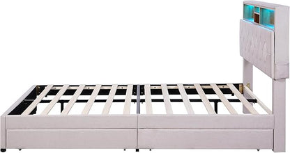 Full Size Bed Frame with LED Headboard, USB Charging, Upholstered Platform Bed with Storage Drawers and Headboard, No Box Spring Needed, Beige - LeafyLoom