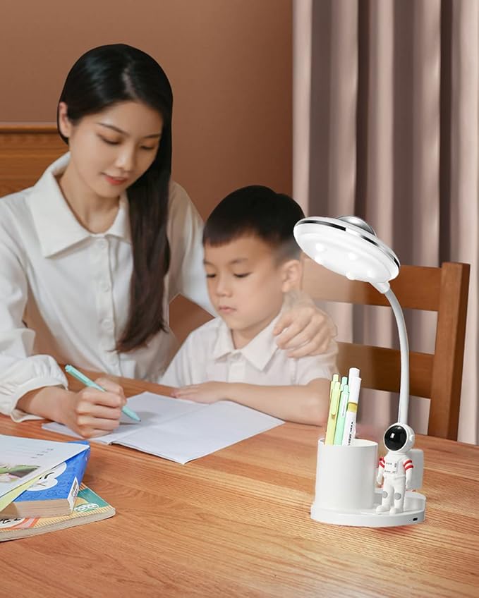 Desk Lamp for Teens Astronaut Desk Lamp with Projection Light and Pen Holder, Kids LED Desk Lamp for Bedroom Reading, Stepless Dimming Desk Lamp Eye-Caring for Studying - LeafyLoom