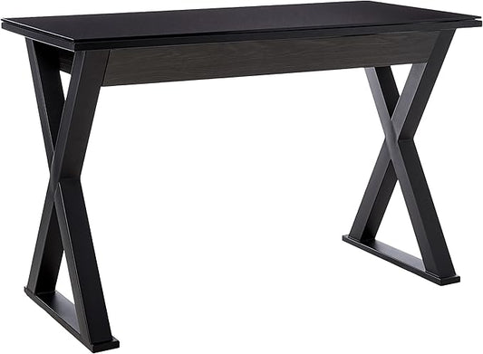 Walker Edison Lawrence Urban Industrial X Leg Glass Top Computer Desk, 48 Inch, Black - LeafyLoom