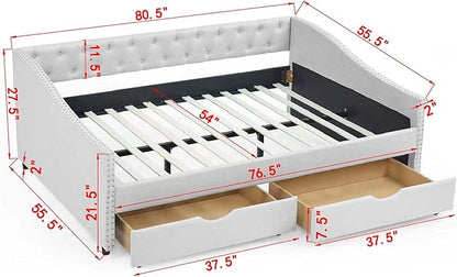 Upholstered Full Size Daybed with Two Storage Trundle Drawers, Solid Wooden Bed Frame w/Button Tufted Backrest, No Box Spring Needed, for Kids, Bedroom, Dorm - LeafyLoom