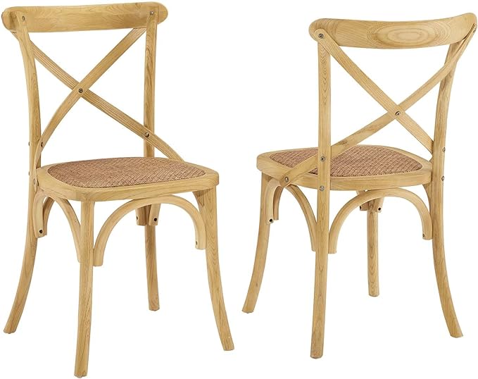 Modway Gear Rustic Modern Farmhouse Elm Wood Rattan Two Dining Chairs in Natural - LeafyLoom