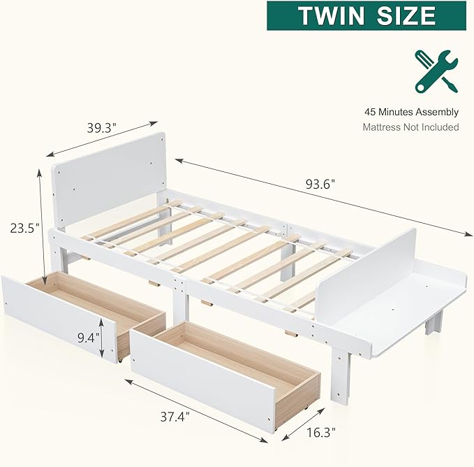 Dolonm Twin Bed Frames for Kids with 2 Drawers, Storage Platform Bed with Footboard Bench, Twin Kids Bed Headboard Frame Pine Wood, High Stable, No Box Spring Needed, Twin Bed for Kids, White - LeafyLoom