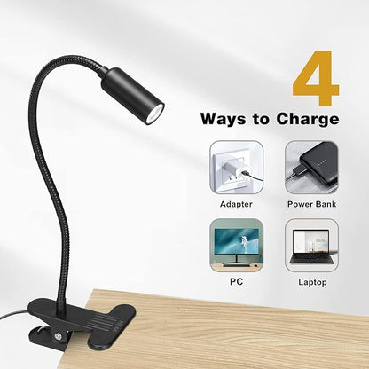 JHD Led Desk Lamp with Clamp - 10 Brightness Levels, 12" Flexible Gooseneck,USB Lamp - Suitable for Home Office, Reading, Bed Light,Quality Black Metal Clamp Light（includes charger adapter） - LeafyLoom