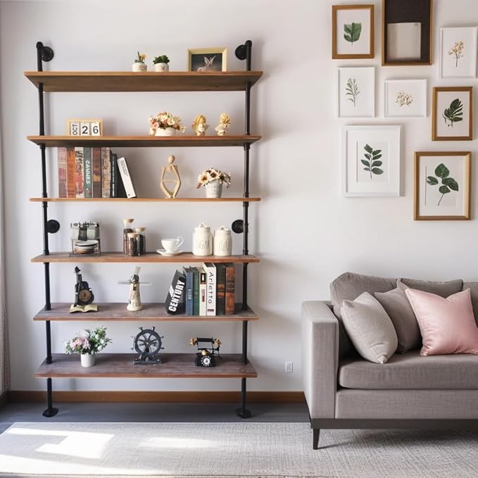 6 Tier Industrial Ladder Pipe Shelf, Wall Mounted Wood Metal Bookshelf for Living Room Storage (Weathered Brown, 10" D x 48" W x 82.5" H) - LeafyLoom