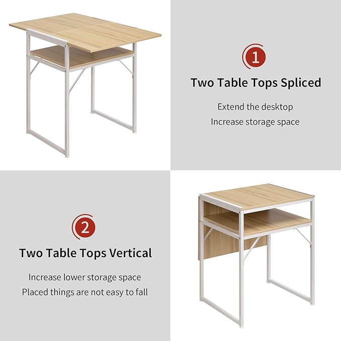 Minimalist Folding Table, Study Desk with Storage Shelf, Small Desk, Portable Computer Desk for Home, Office, Light Brown - LeafyLoom