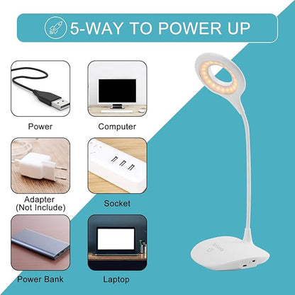 LED Desk Lamp Dimmable Table Light, 3 Modes, Stepless Brightness, Sensitive Control, Flexible 360° Adjustable Eye-Caring Office Read Lamp, Cordless USB Desk Light, White - LeafyLoom