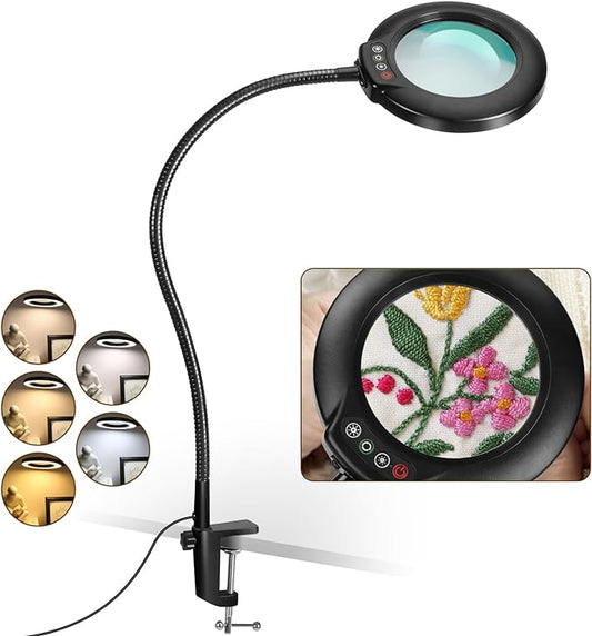 VEEMAGNI 10X Magnifying Glass with Light and Clamp, 23" Gooseneck 5 Color Modes Stepless Dimmable LED Desk Lamp, Real Glass Table Lighted Magnifier Hands Free for Craft Painting Sewing Close Work - LeafyLoom