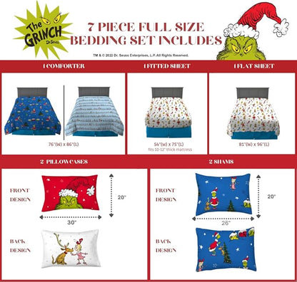 Franco Grinch by Dr. Seuss Holiday & Christmas Bedding Super Soft Comforter and Sheet Set with Sham, 7 Piece Full Size (Official Dr. Seuss product) - LeafyLoom