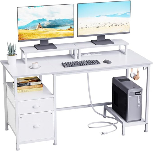 Furologee White Computer Desk with Drawer and Power Outlets, 47" Office Desk with 2 Monitor Stands and Fabric File Cabinet, Writing Gaming Table with Shelves and 2 Hooks for Home Office - LeafyLoom