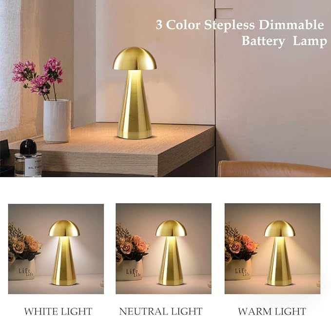 Cordless Metal Desk Lamp, Touch Sensor Control LED Table Lamp,3 Color Stepless Dimmable Battery Powered Lamp (Gold) - LeafyLoom