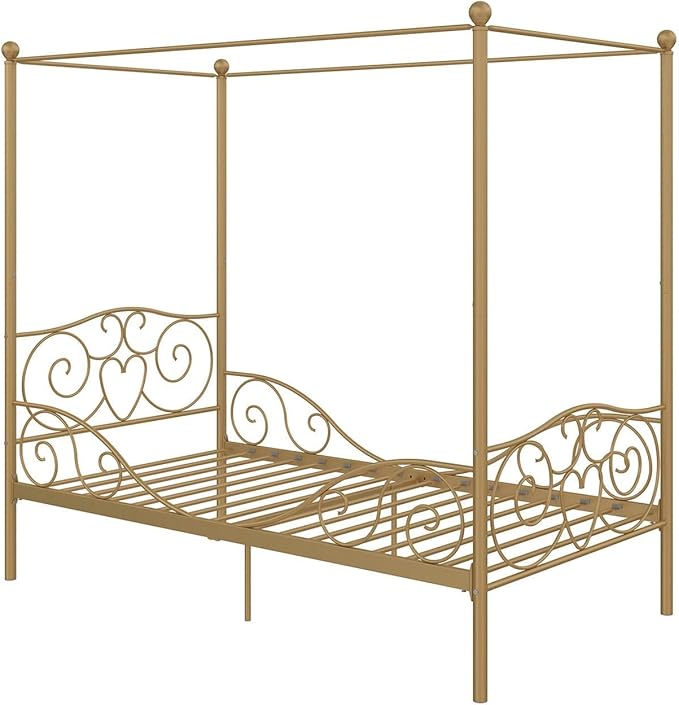 DHP Metal Canopy Kids Platform Bed with Four Poster Design, Scrollwork Headboard and Footboard, Underbed Storage Space, No Box Sring Needed, Twin, Gold - LeafyLoom