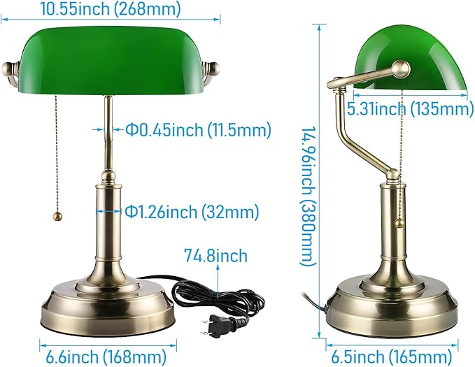 TORCHSTAR Green Glass Bankers Desk Lamp, UL Listed, Antique Desk Lamps with Brass Base, Traditional Library Lamp with Pull Chain, E26 Base, Vintage Desk Lamp for Office, Study Room - LeafyLoom