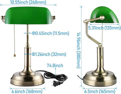 TORCHSTAR Green Glass Bankers Desk Lamp, UL Listed, Antique Desk Lamps with Brass Base, Traditional Library Lamp with Pull Chain, E26 Base, Vintage Desk Lamp for Office, Study Room - LeafyLoom