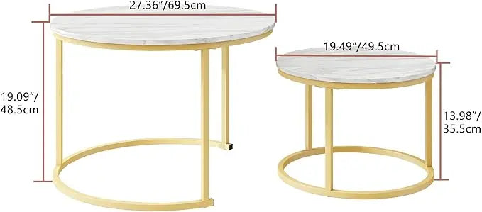 Round Coffee Table Set of 2 End Tables for Living Room,Circular and Marble Nesting Coffee Table Wooden Accent Furniture with Golden Metal Frame,Stacking Side Tables,White - LeafyLoom