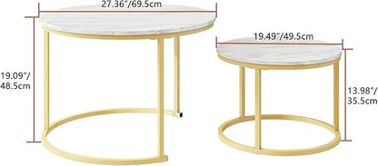 Round Coffee Table Set of 2 End Tables for Living Room,Circular and Marble Nesting Coffee Table Wooden Accent Furniture with Golden Metal Frame,Stacking Side Tables,White - LeafyLoom