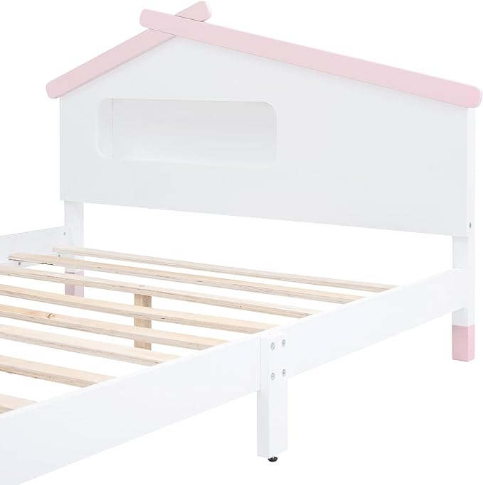 Bellemave Full Size Platform Bed with House-Shaped Headboard and Motion Activated Night Lights,Wood Twin Kids Bed Frame for Girls,Boys(Twin,Pink) - LeafyLoom