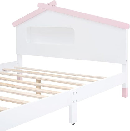 Bellemave Full Size Platform Bed with House-Shaped Headboard and Motion Activated Night Lights,Wood Twin Kids Bed Frame for Girls,Boys(Twin,Pink) - LeafyLoom