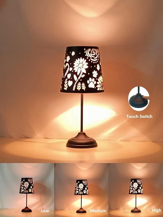 Touch Mini Table Lamp, Dimmable Touch Bedside Lamp, Black Metal Cutout Lampshade, Decoration Desk Lamp - LeafyLoom