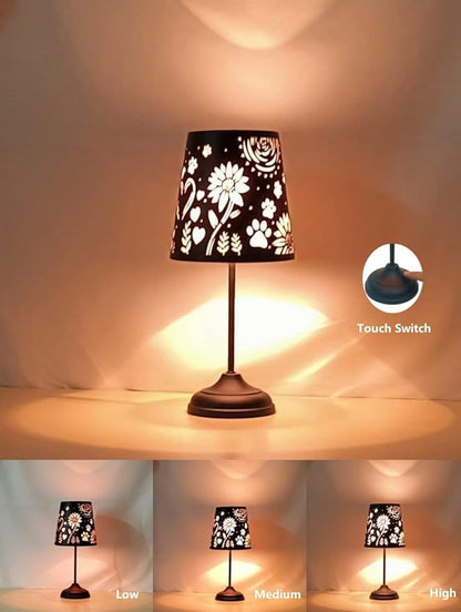 Touch Mini Table Lamp, Dimmable Touch Bedside Lamp, Black Metal Cutout Lampshade, Decoration Desk Lamp - LeafyLoom