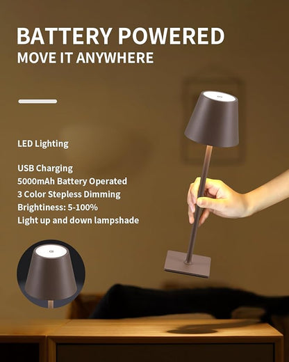 KDG 2 Pack Cordless Table Lamp,Portable LED Desk Lamp, 5000mAh Battery Operated, 3 Color Stepless Dimming Up, for Restaurant/Bedroom/Bars/Outdoor Party/Camping/Coffee Shop Night Light(Brown) - LeafyLoom