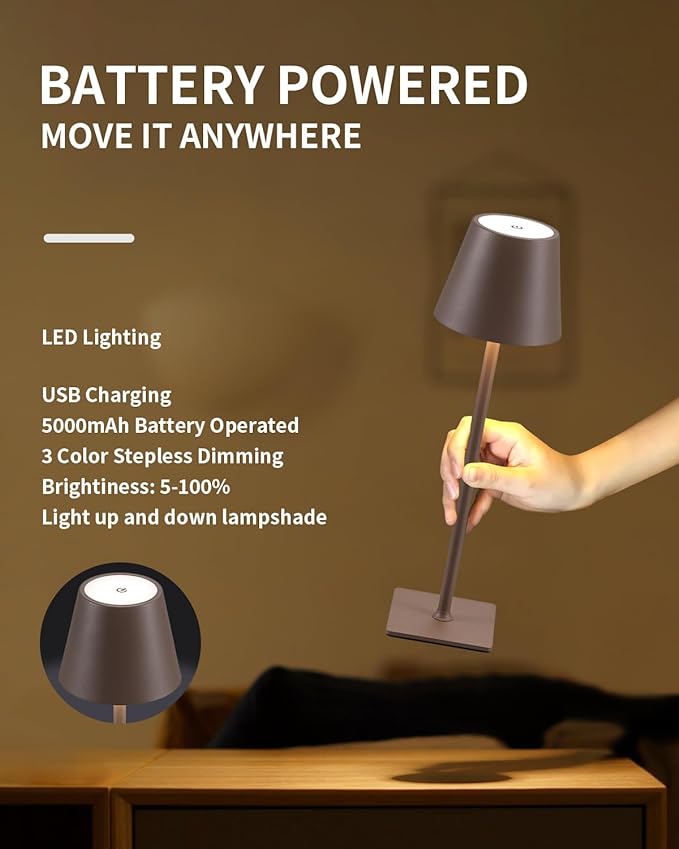 KDG 2 Pack Cordless Table Lamp,Portable LED Desk Lamp, 5000mAh Battery Operated, 3 Color Stepless Dimming Up, for Restaurant/Bedroom/Bars/Outdoor Party/Camping/Coffee Shop Night Light(Brown) - LeafyLoom