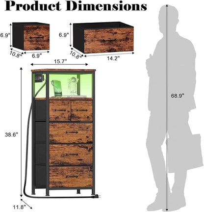 Furnulem Tall LED Dresser with Charging Station, Vertical Storage Tower Unit with Wood Shelf, 5 Drawer Nightstand for Bedroom, Living Room, Hallway, Fabric Bins, Bedside Table Furniture(Rustic Brown) - LeafyLoom