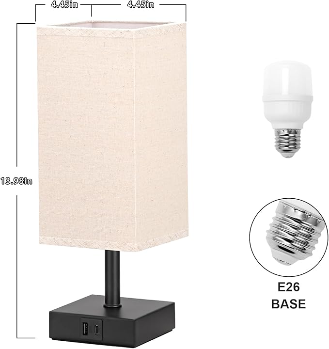 Ambimall Beige Table Lamp with USB Ports - 3 Way Touch Lamps Beside Desk, Nightstand Lamp for Bedrooms Living Room, Beige Shade with Black Base, LED Bulb Included(Beige) - LeafyLoom